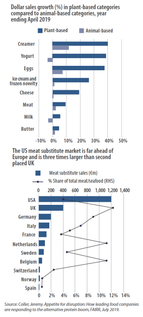 Dollar sales growth (%) in plant-based categories compared to animal-based categories, year ending April 2019. The US meat substitute market is far ahead of Europe and is three times larger than second placed UK